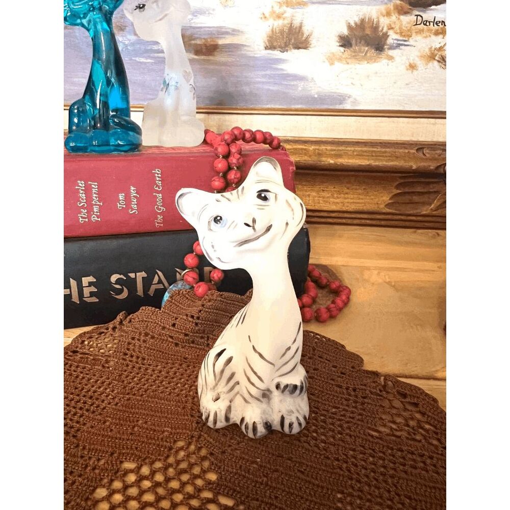 Vintage Fenton Happy Cat Black and White Glass Figurine Hand Painted Look 4 Inch